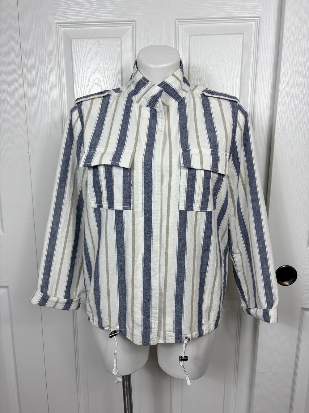 Velvet Heart Crop Utility Linen Blend Jacket Blue White Striped Relaxed Size XS